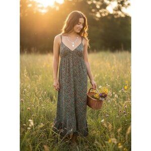 Vintage Y2K Billabong Floral Strappy Back Maxi Dress Cottagecore Boho Hippie